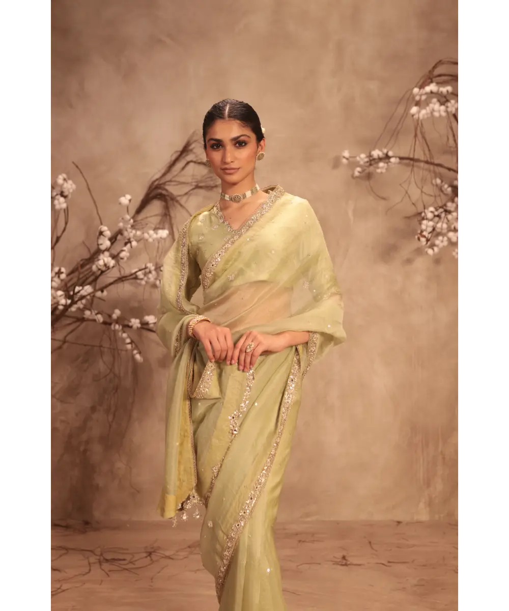 NITI BHOTRA - Nazakat Light Green Organza Mirror Work Saree Set